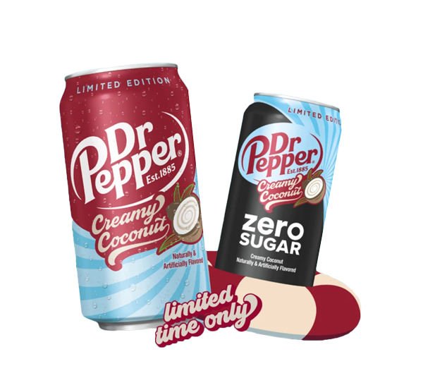 Image showing the limited time Creamy Coconut of Dr Pepper regular and Zero Sugar.